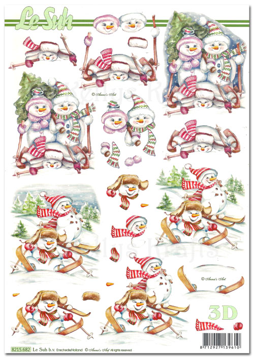 (image for) 3D Decoupage A4 Sheet - Christmas Snowmen, Skiing (8215682)