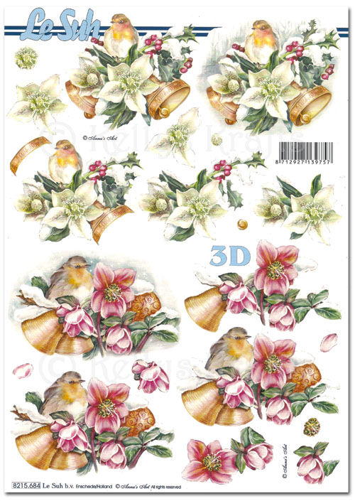3D Decoupage A4 Sheet - Christmas Robins & Bells (8215684)