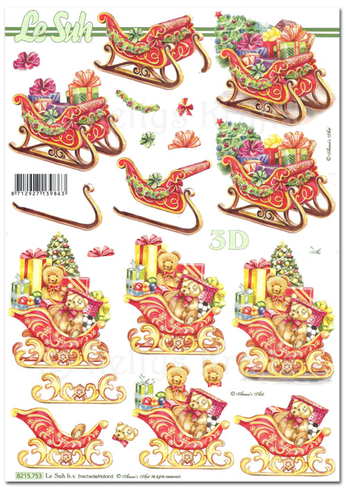 (image for) 3D Decoupage A4 Sheet - Christmas Sleighs, Gifts/Presents (8215753)