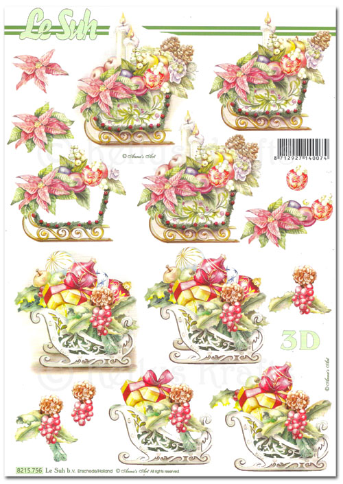 (image for) 3D Decoupage A4 Sheet - Christmas Sleighs, Floral Decorations (8215756)