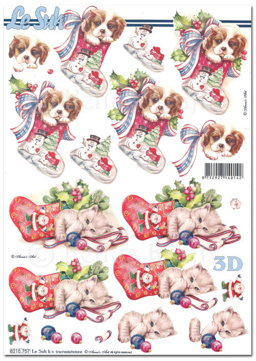 3D Decoupage A4 Sheet - Christmas Cat & Dog with Stockings (8215757)