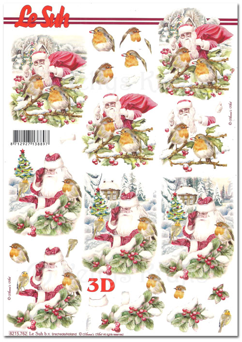 3D Decoupage A4 Sheet - Christmas Robins & Santa Claus (8215762)