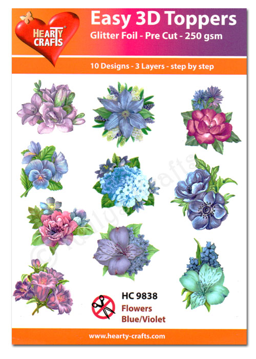 Die Cut Decoupage Topper Set, 10 Designs - Blue/Violet Flowers (HC9838)
