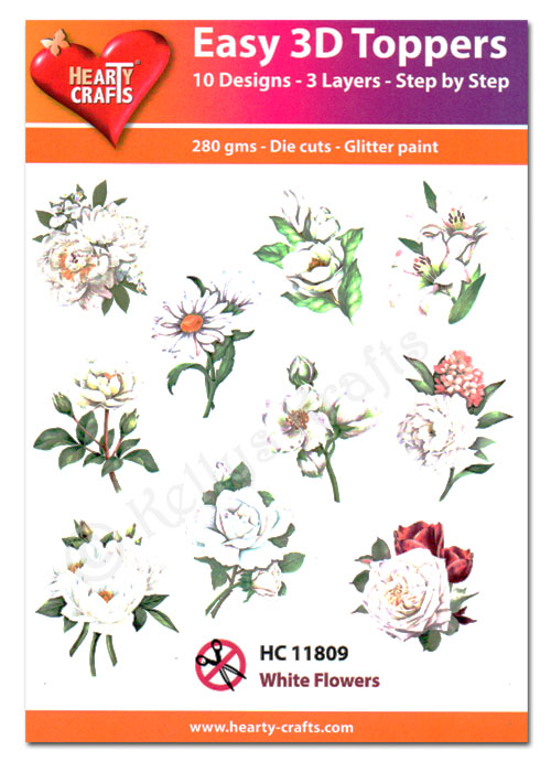 Die Cut Decoupage Topper Set, 10 Designs - White Flowers (HC11809)