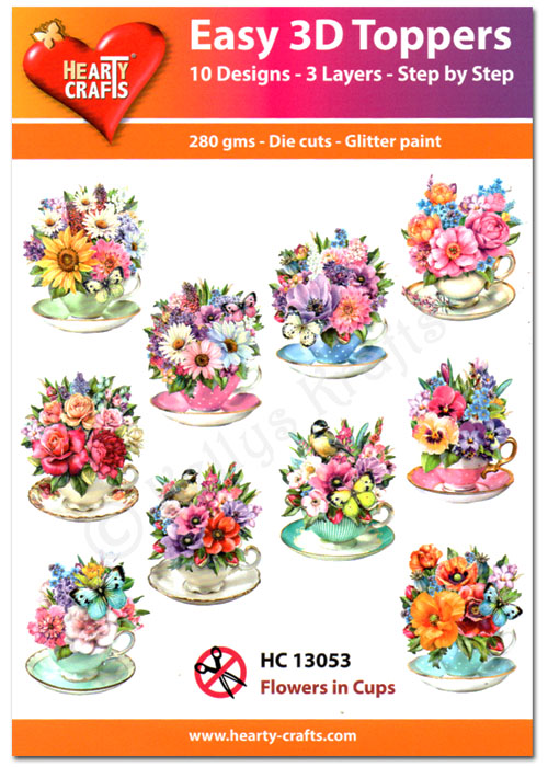 Die Cut Decoupage Topper Set, 10 Designs - Flowers In Cups (HC13053)
