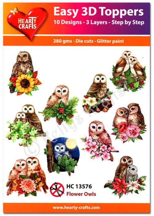 Die Cut Decoupage Topper Set, 10 Designs - Flower Owls (HC13576)