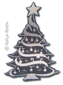 Large Christmas Tree, Foil Printed Die Cut Shape, Silver on Black
