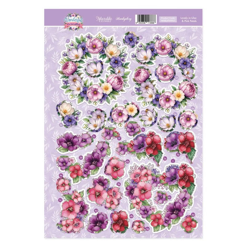 Die Cut Decoupage Topper Sheet - Hunkydory - Wonderful Wreaths - Lovely in Lilac & Pink Petals (image for) Die Cut Decoupage Topper Sheet - Hunkydory - Wonderful Wreaths - Lovely in Lilac & Pink Petals