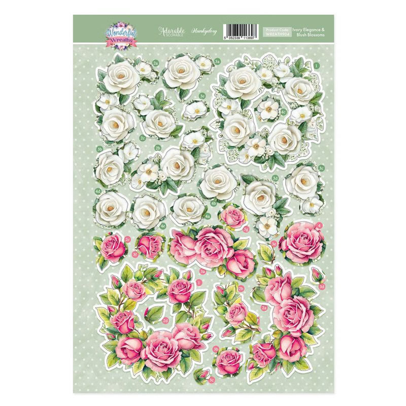 Die Cut Decoupage Topper Sheet - Hunkydory - Wonderful Wreaths - Ivory Elegance & Blush Blossoms (image for) Die Cut Decoupage Topper Sheet - Hunkydory - Wonderful Wreaths - Ivory Elegance & Blush Blossoms