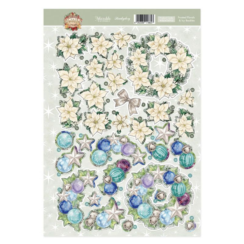 (image for) Die Cut Decoupage Topper Sheet - Hunkydory - Festive Wonderful Wreaths - Frosted Florals & Icy Baubles