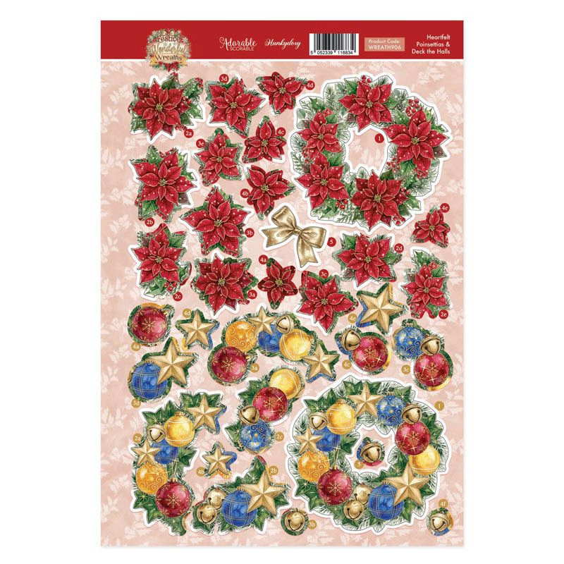 (image for) Die Cut Decoupage Topper Sheet - Hunkydory - Festive Wonderful Wreaths - Heartfelt Poinsettias & Deck The Halls