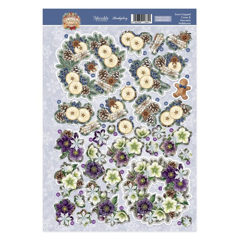 (image for) Die Cut Decoupage Topper Sheet - Hunkydory - Festive Wonderful Wreaths - Snow-Capped Cones & Heavenly Hellebores