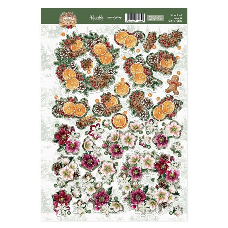 (image for) Die Cut Decoupage Topper Sheet - Hunkydory - Festive Wonderful Wreaths - Woodland Spice & Festive Petals