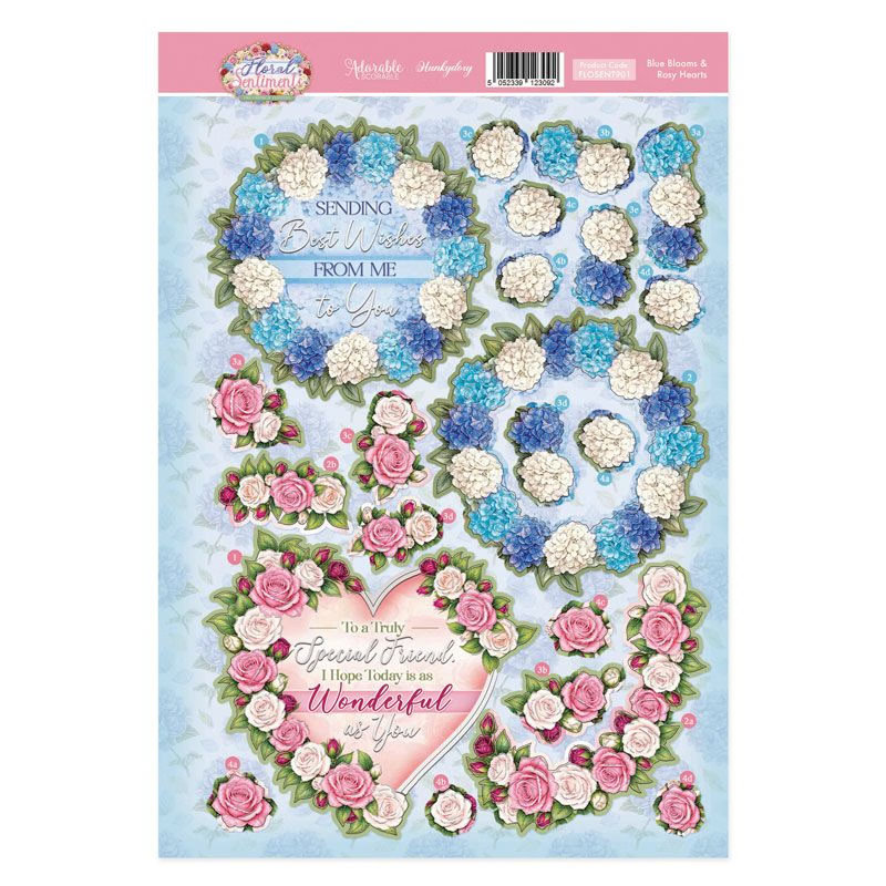 Die Cut Decoupage Topper Sheet - Hunkydory - Floral Sentiments - Blue Blooms & Rosy Hearts (image for) Die Cut Decoupage Topper Sheet - Hunkydory - Floral Sentiments - Blue Blooms & Rosy Hearts