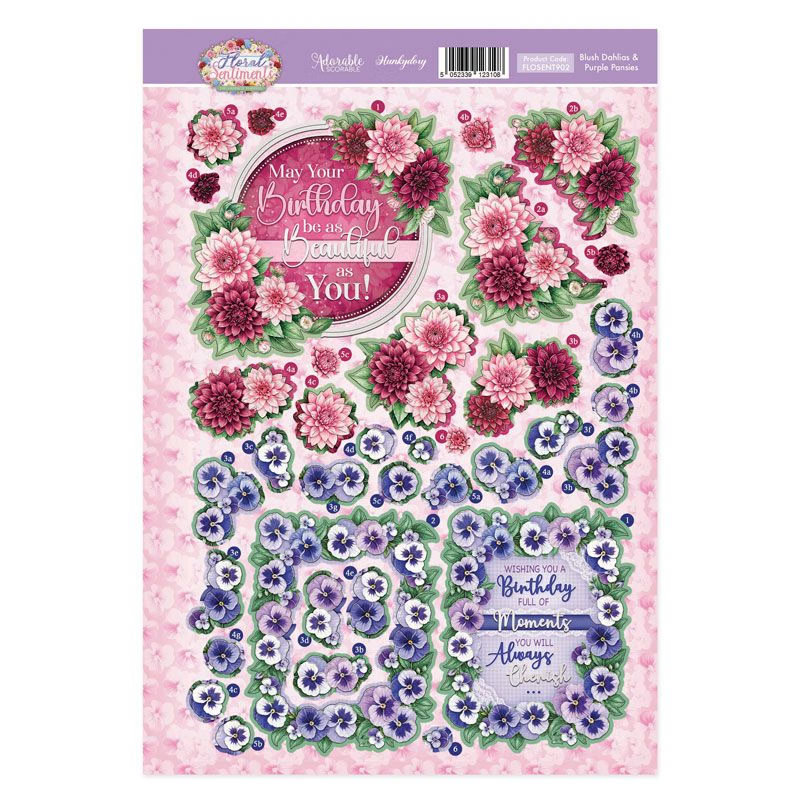 Die Cut Decoupage Topper Sheet - Hunkydory - Floral Sentiments - Blush Dahlias & Purple Pansies (image for) Die Cut Decoupage Topper Sheet - Hunkydory - Floral Sentiments - Blush Dahlias & Purple Pansies