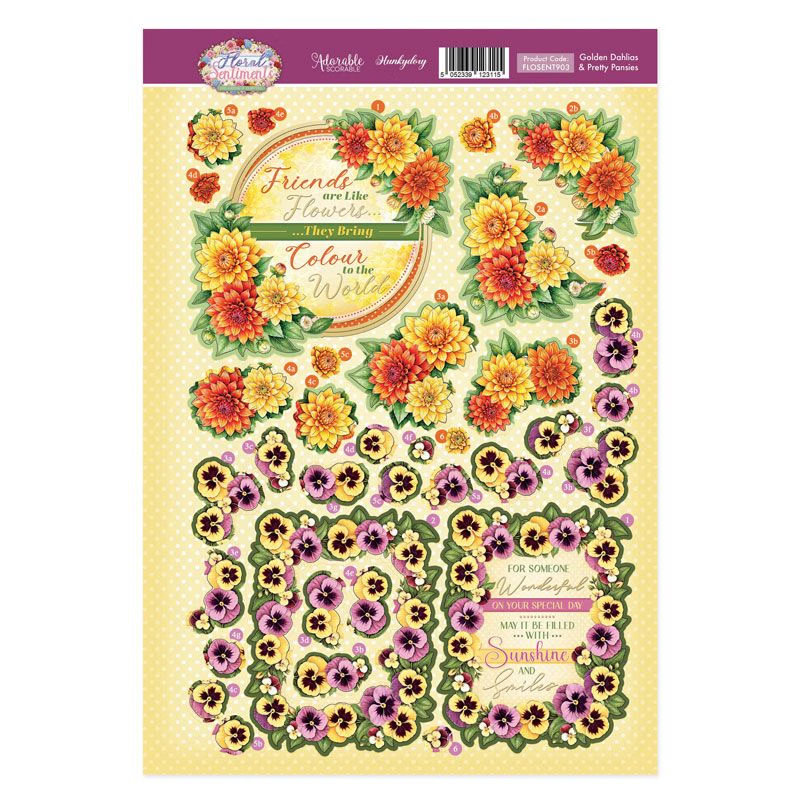 Die Cut Decoupage Topper Sheet - Hunkydory - Floral Sentiments - Golden Dahlias & Pretty Pansies (image for) Die Cut Decoupage Topper Sheet - Hunkydory - Floral Sentiments - Golden Dahlias & Pretty Pansies