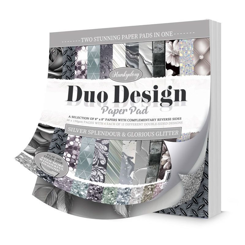 8x8 Duo Design Paper Pad - Hunkydory - Silver Splendour & Glorious Glitter (image for) 8x8 Duo Design Paper Pad - Hunkydory - Silver Splendour & Glorious Glitter