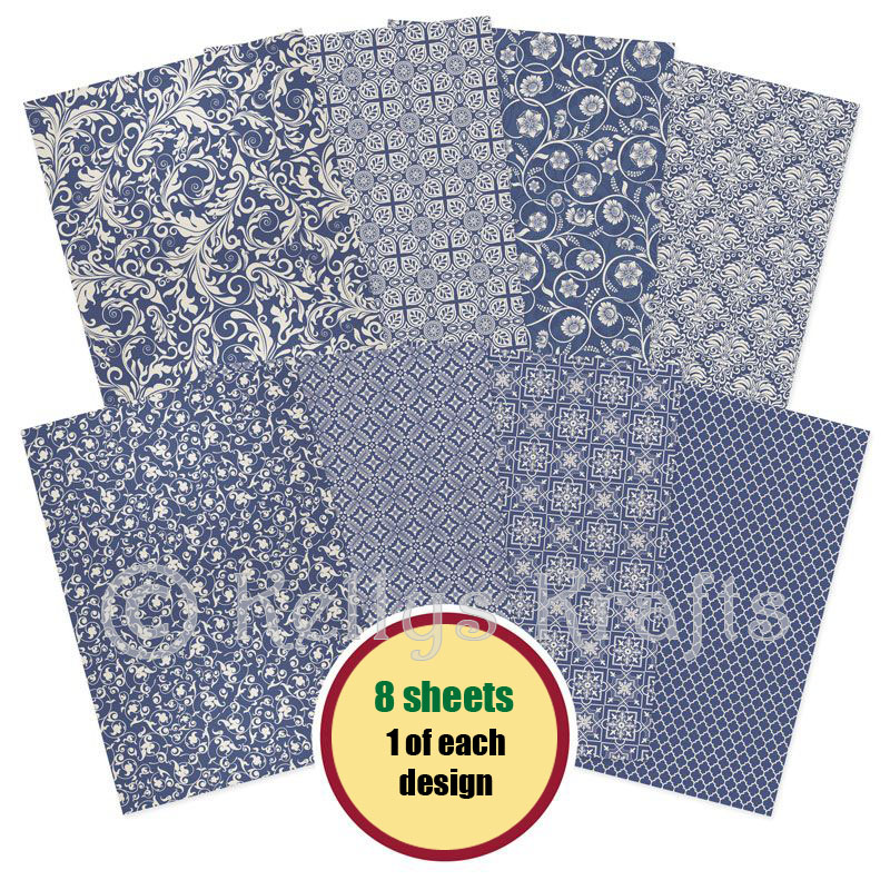 A4 Patterned Card - Blue & Cream Pack (8 Sheets)