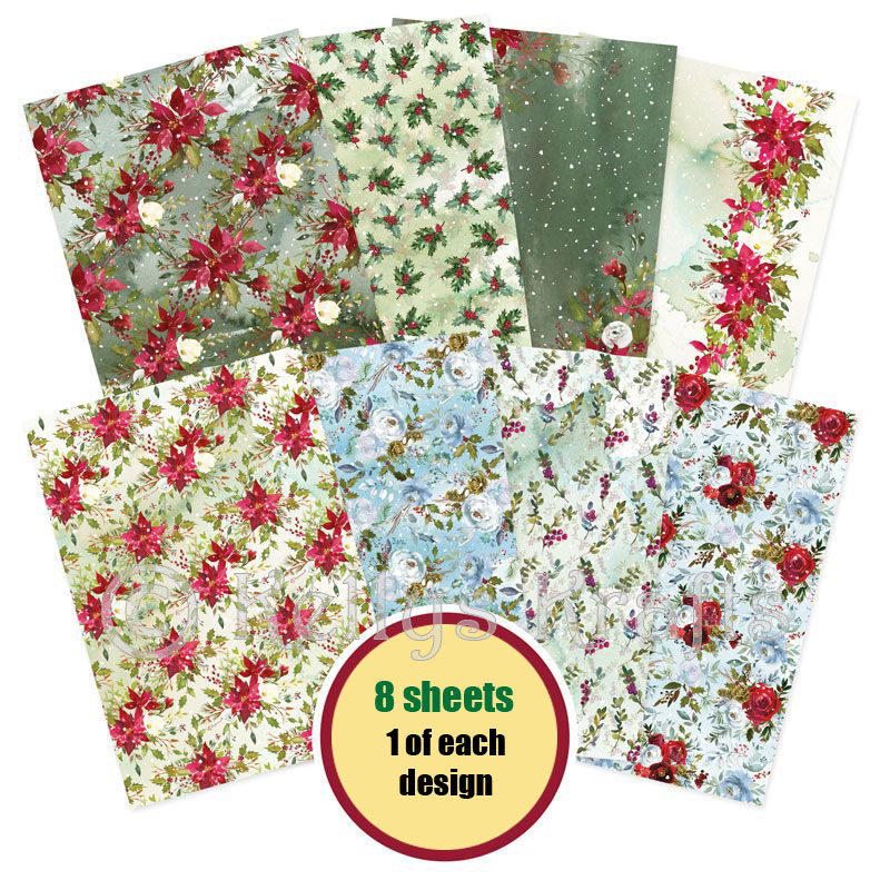 (image for) A4 Patterned Card - Winter Florals Pack (8 Sheets)