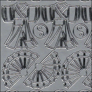 (image for) Oriental Kimono Fans Yin-Yang, Silver Peel Off Stickers (1 sheet)