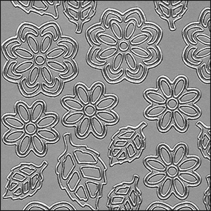 Flower/Daisy Heads & Leaves, Silver Peel Off Stickers (1 sheet)
