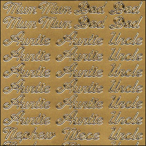 (image for) Mum/Dad, Auntie/Uncle, Niece/Nephew, Gold Peel Off Stickers (1 sheet)