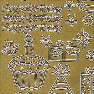 Happy Birthday & Party, Gold Peel Off Stickers (1 sheet)