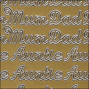 Mum/Dad, Auntie/Uncle, Niece/Nephew, Gold Peel Off Stickers (1 sheet)