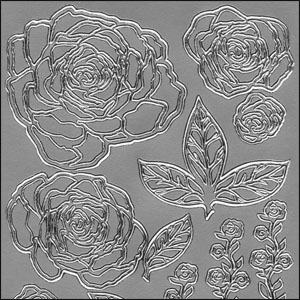 Rose Flower Heads & Leaves, Silver Peel Off Stickers (1 sheet)