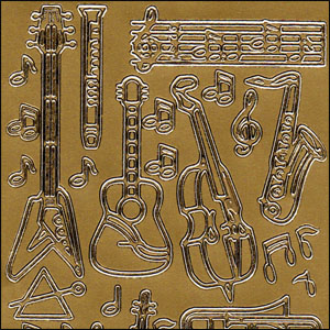 Musical Instruments & Music Notes, Gold Peel Off Stickers (1 sheet)