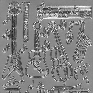Musical Instruments & Music Notes, Silver Peel Off Stickers (1 sheet)