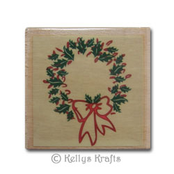 (image for) Wooden Mounted Rubber Stamp - Holly Wreath
