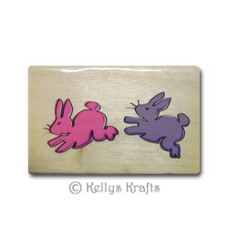Wooden Mounted Rubber Stamp - Two Bunny Rabbits - Click Image to Close