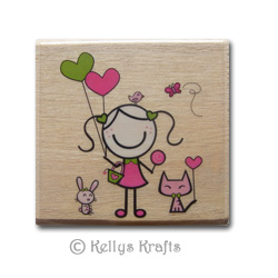 Wooden Mounted Rubber Stamp - Girl With Animals & Balloons