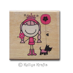 Wooden Mounted Rubber Stamp - Girl With Scottie Dog - Click Image to Close