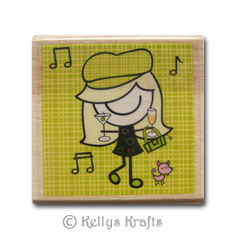 Wooden Mounted Rubber Stamp - Girl Dancing to Music With Her Dog