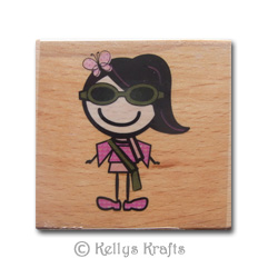 Wooden Mounted Rubber Stamp - Girl with Sunglasses & Ponytail