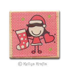 Wooden Mounted Rubber Stamp - Mrs Santa Girl with Stocking