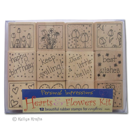 Wooden Mounted Rubber Stamps Set - Hearts & Flowers (12 Pack)