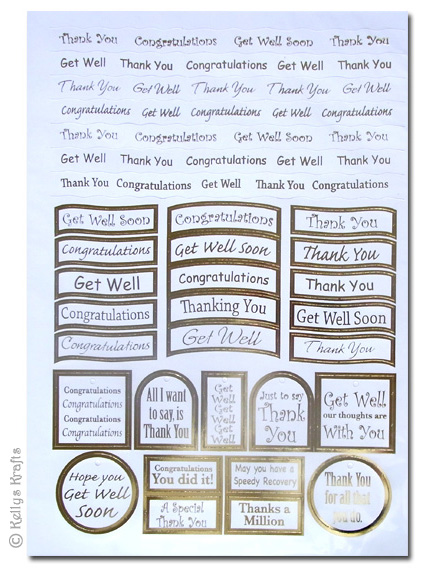 Sentiment Sheet - Thanks/Congrats/Get Well, Gold Foil on White