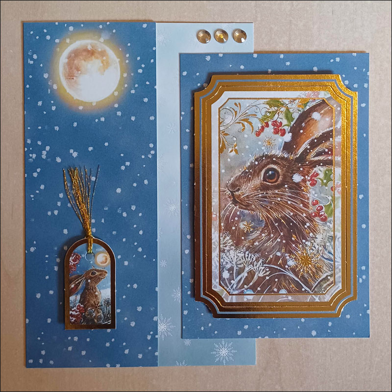 Handmade Papercraft Card Topper - Meadow Hares At Wintertime